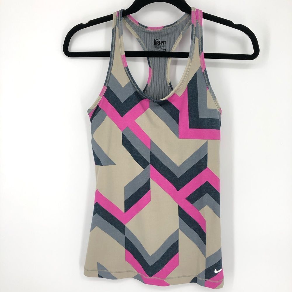 Nike Dri Fit Slim‎ Fit Tank Top Womens M Pink Gray Geometric Racerback Padded